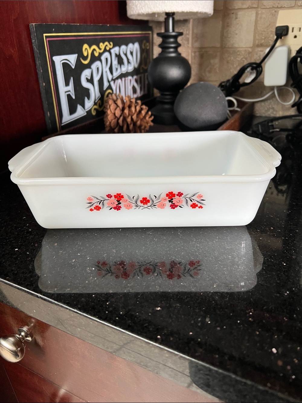 VINTAGE Pyrex Primrose White Baking Dish with Red Floral Motif